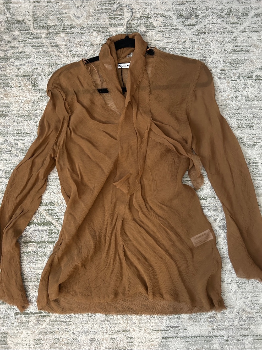 Women's Sheer Crinkle Tie-Neck Blouse - Brown
